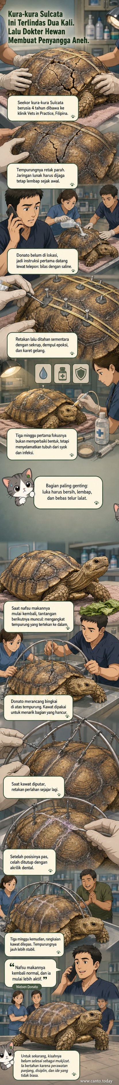 Ilustrasi kura-kura sulcata dengan tempurung retak yang diperbaiki menggunakan kawat penyangga di atas bingkai kayu, dikelilingi alat medis dan dokter hewan yang bekerja.
