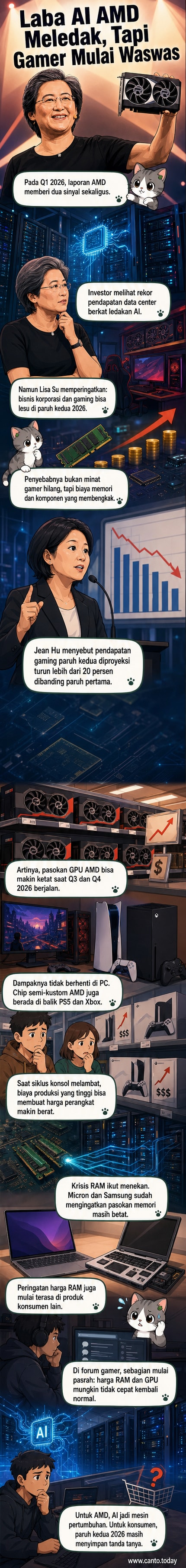 Ilustrasi dua sisi berbeda dari industri chip: sisi kiri menunjukkan grafik data center yang naik tajam, sisi kanan menunjukkan gamer dengan ekspresi cemas melihat harga GPU yang melambung.