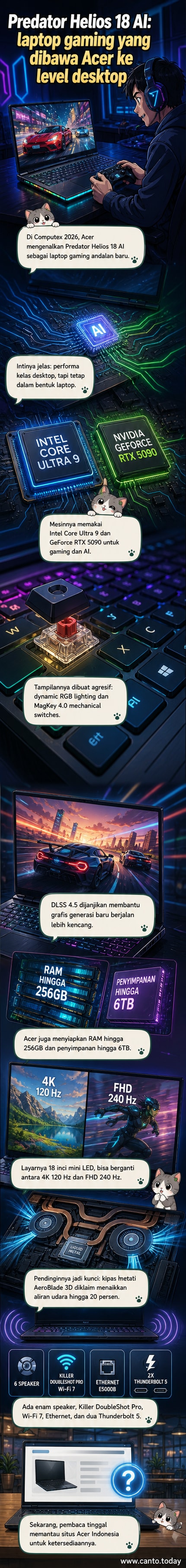 Ilustrasi laptop gaming Acer Predator Helios 18 AI dengan desain futuristik, lampu RGB menyala, dan tampilan spesifikasi tinggi di latar belakang.