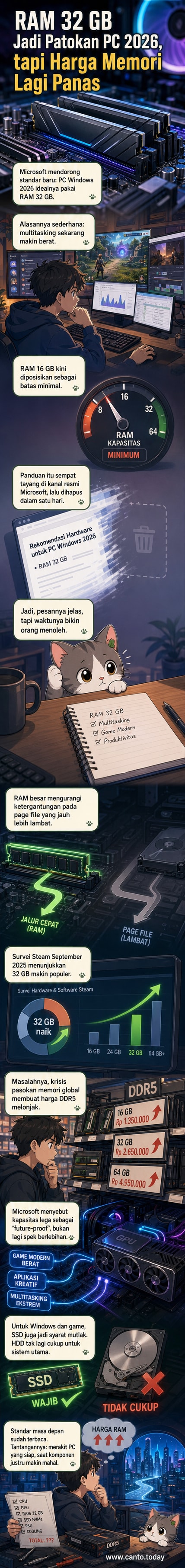 Ilustrasi memori RAM dan SSD dengan logo Microsoft, menunjukkan standar baru perangkat keras PC 2026.