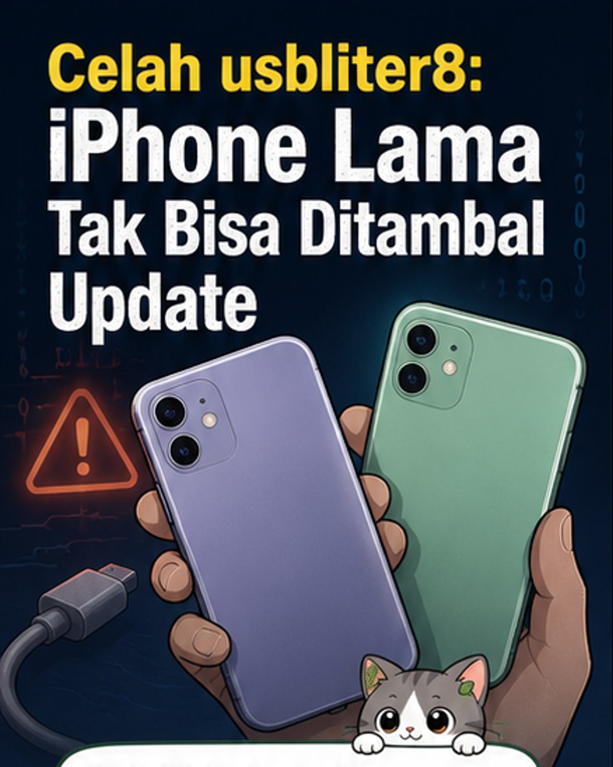 Ilustrasi iPhone dan Apple Watch dengan simbol peringatan keamanan merah di layar, menunjukkan kerentanan terhadap celah usbliter8.