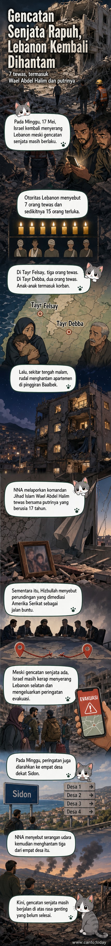Ilustrasi serangan udara di Lebanon dengan asap mengepul dari reruntuhan bangunan, di tengah latar konflik Israel-Lebanon.