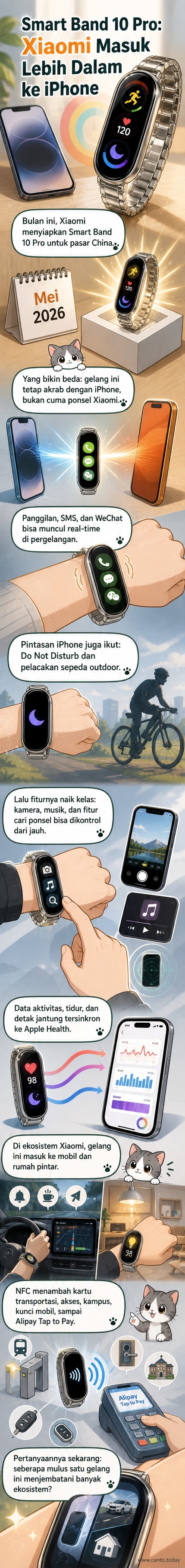 Ilustrasi gelang pintar Xiaomi Smart Band 10 Pro dengan layar melengkung, menampilkan notifikasi dari iPhone dan ikon sinkronisasi ke Apple Health.