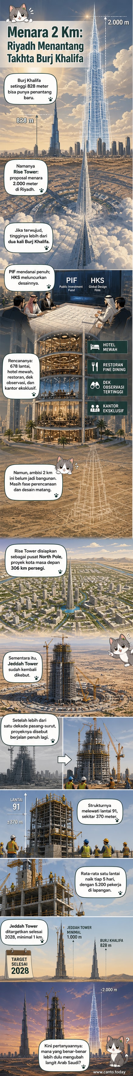 Ilustrasi gedung pencakar langit setinggi 2.000 meter di tengah gurun pasir dengan latar langit biru, menunjukkan skala megah Rise Tower dibandingkan gedung-gedung lainnya.