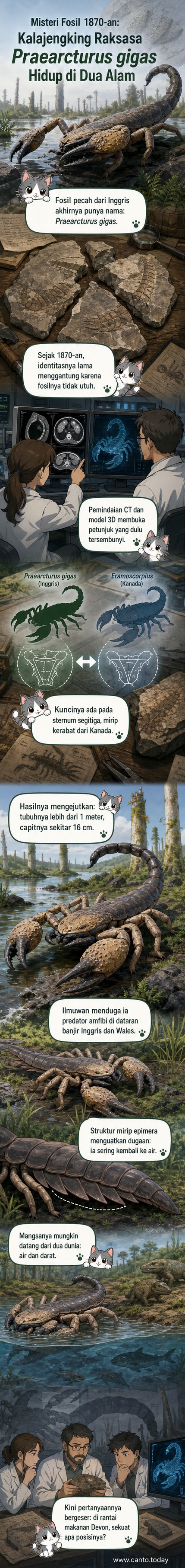 Ilustrasi kalajengking raksasa Praearcturus gigas dengan capit panjang berjalan di tepi air pada era Devon, dengan lanskap purba di latar belakang.