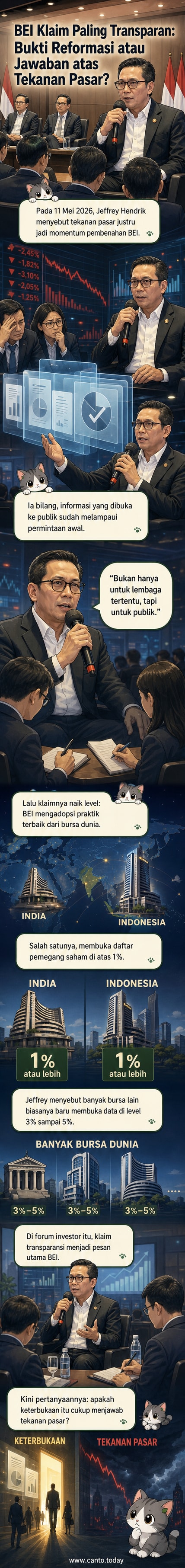 Ilustrasi gedung Bursa Efek Indonesia dengan data transparansi saham terpampang di layar digital, menunjukkan nama-nama pemegang saham di atas 1%.