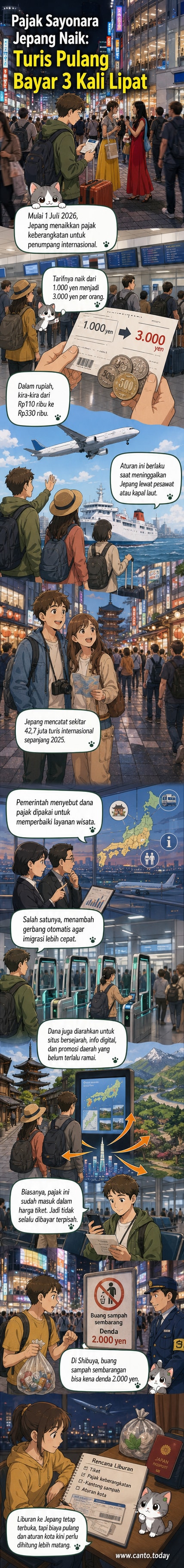 Ilustrasi wisatawan meninggalkan Jepang dengan latar belakang bandara dan simbol mata uang yen, menandai kenaikan pajak keberangkatan mulai 1 Juli 2026.
