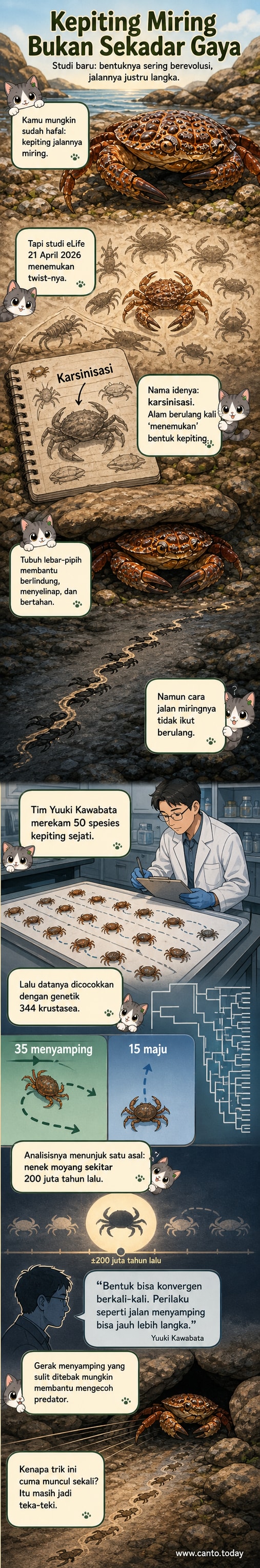Ilustrasi kepiting berjalan miring di dasar laut, dengan panah menunjukkan gerakan kakinya secara horizontal.