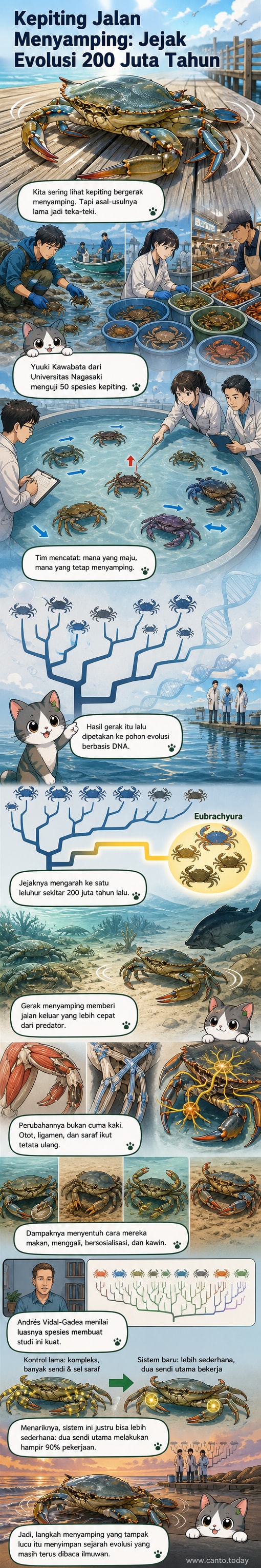 Ilustrasi kepiting berjalan menyamping di tepi pantai dengan latar evolusi dari bentuk purba ke bentuk modern.