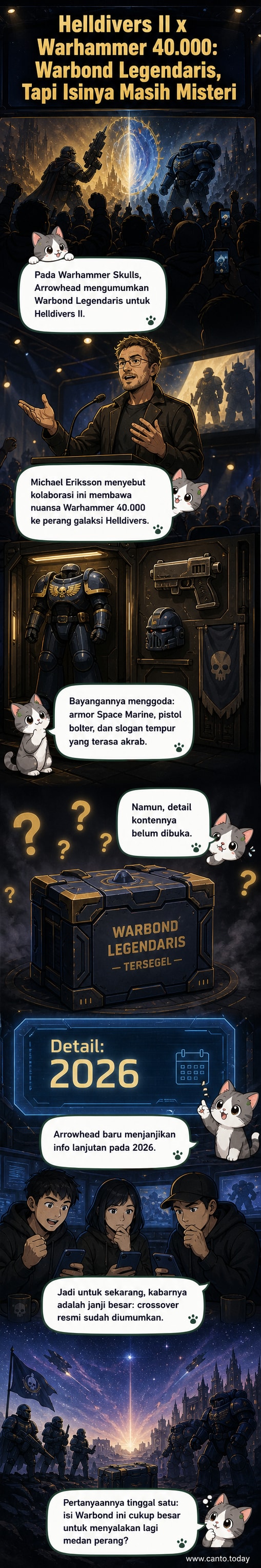 Ilustrasi kolaborasi Helldivers II dan Warhammer 40.000, menampilkan karakter Helldiver mengenakan baju besi Space Marine dengan latar pertempuran galaksi.