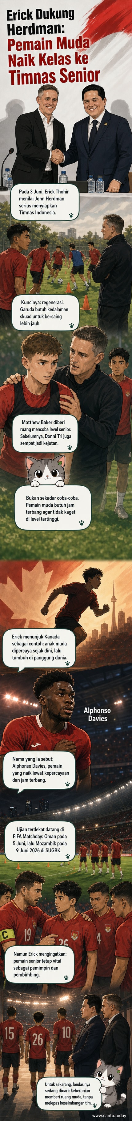 Ilustrasi pelatih John Herdman memberi arahan kepada pemain muda di lapangan, dengan latar Stadion Utama Gelora Bung Karno dan bendera Indonesia berkibar.