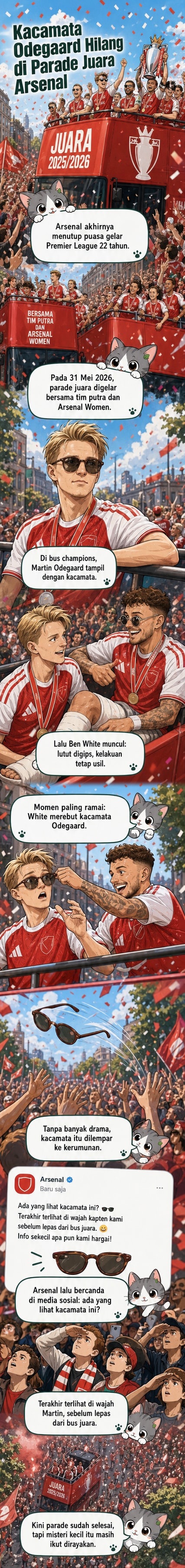 Ilustrasi aksi Ben White melempar kacamata Martin Odegaard ke kerumunan fans saat parade juara Arsenal di bus terbuka.