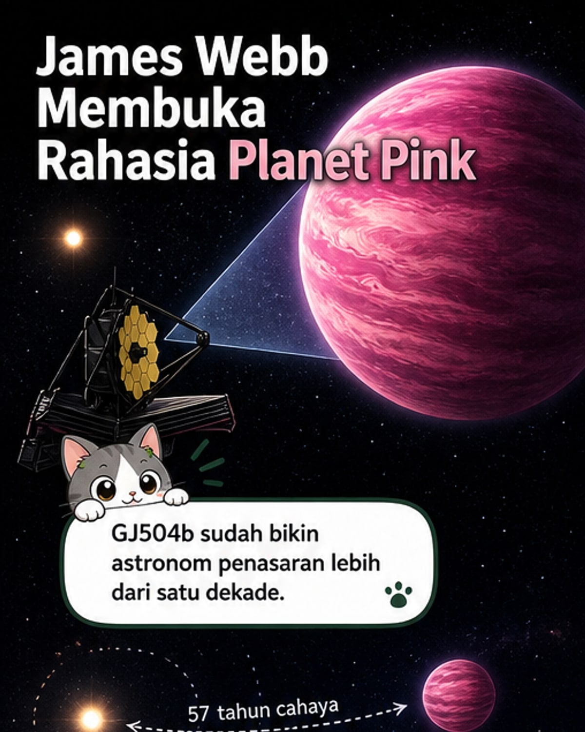 Ilustrasi planet merah muda dengan awan garam mengelilingi atmosfernya, berdasarkan data Teleskop James Webb.