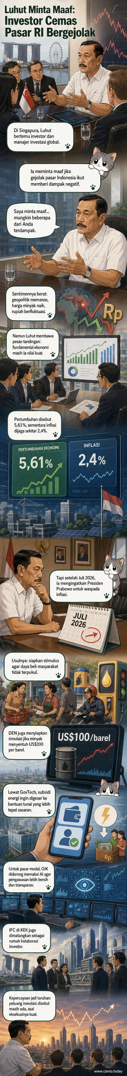 Ilustrasi Luhut Pandjaitan berbicara di depan investor global di Singapura, dengan latar grafik ekonomi dan minyak dunia