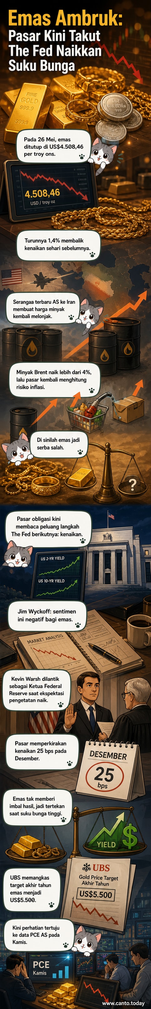 Grafik harga emas menunjukkan penurunan tajam pada akhir Mei 2026, dengan latar belakang simbol dolar dan minyak yang naik.
