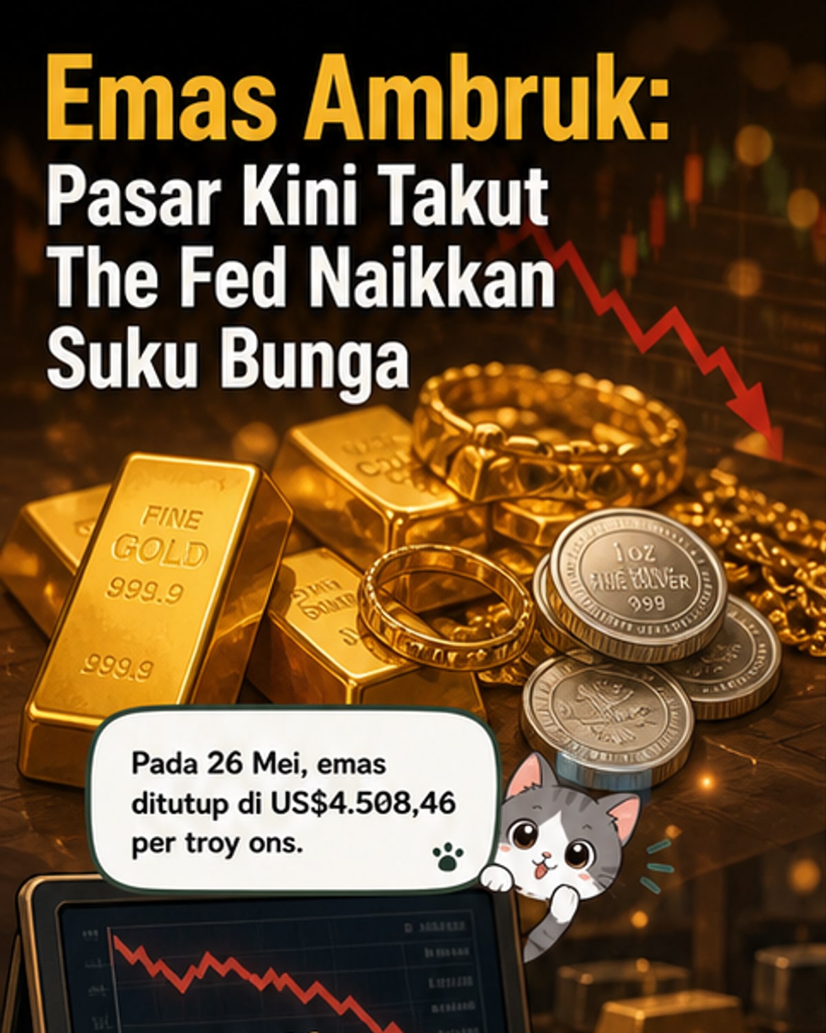 Emas Anjlok, Pasar Waspadai Suku Bunga The Fed