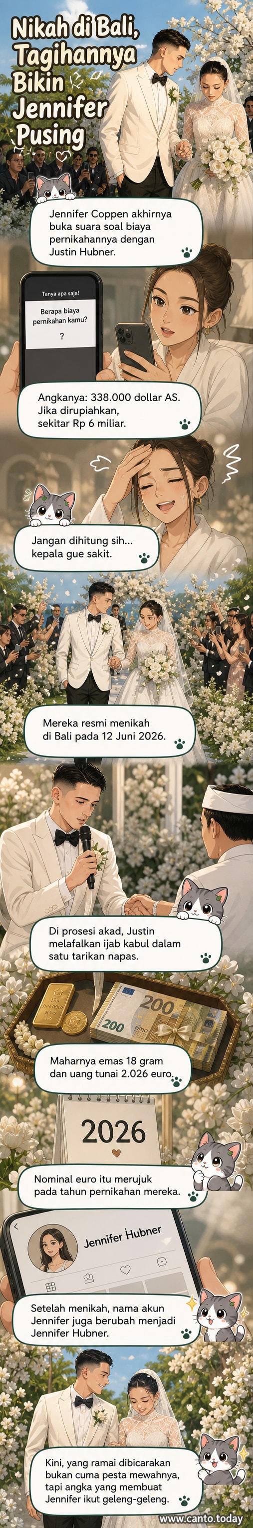 Ilustrasi pasangan Jennifer Coppen dan Justin Hubner berdiri di pelaminan mewah, dengan simbol dolar dan euro mengambang di sekitar mereka, latar Bali.