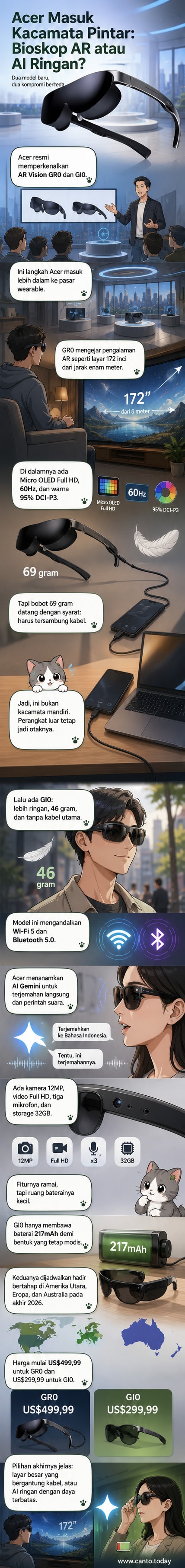 Dua kacamata pintar Acer: AR Vision GR0 dengan desain futuristik dan GI0 yang lebih ringkas, ditampilkan berdampingan dengan antarmuka augmented reality dan ikon AI.
