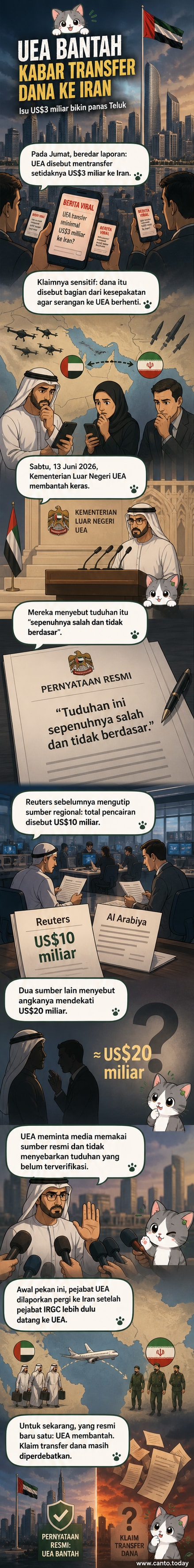 Ilustrasi dua pemimpin dari UEA dan Iran berdiri di sisi berlawanan, dengan simbol uang dan rudal di tengah, menunjukkan ketegangan dan isu diplomasi terkait dugaan transfer dana.
