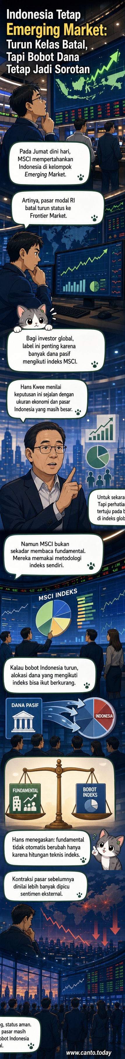 Ilustrasi bendera Indonesia dan grafik saham dengan simbol MSCI, menggambarkan keputusan lembaga indeks global terhadap status pasar modal RI.