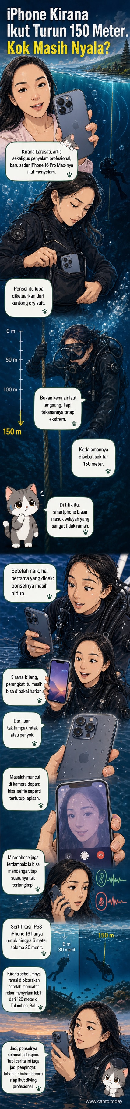 Ilustrasi iPhone 16 Pro Max yang ikut menyelam ke kedalaman 150 meter, masih menyala tapi kamera depan dan mic bermasalah.