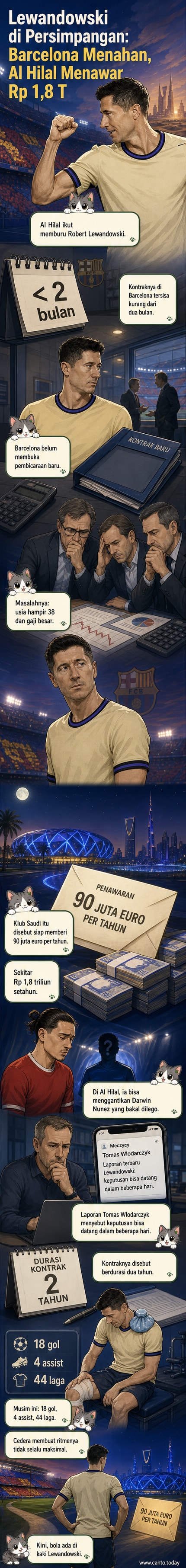 Ilustrasi Robert Lewandowski mengenakan jersey Al Hilal dengan latar stadion Arab Saudi dan simbol uang besar.