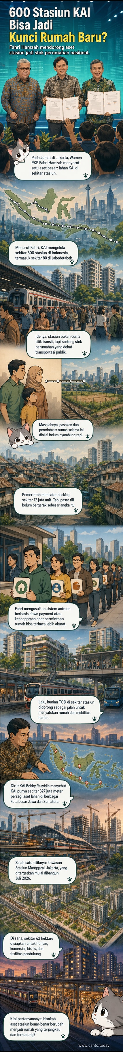 Ilustrasi stasiun kereta dengan bangunan vertikal di sekitarnya, menunjukkan konsep hunian berbasis transit di kawasan perkotaan.