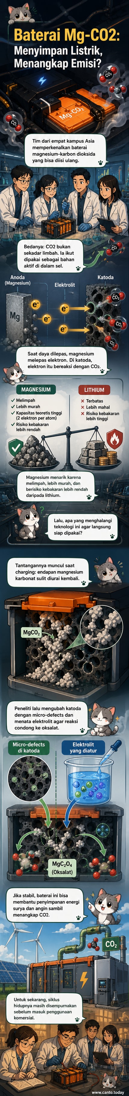 Ilustrasi baterai magnesium-karbon dioksida yang menyerap gas CO2 dan mengubahnya menjadi energi listrik, dengan latar laboratorium dan struktur molekuler