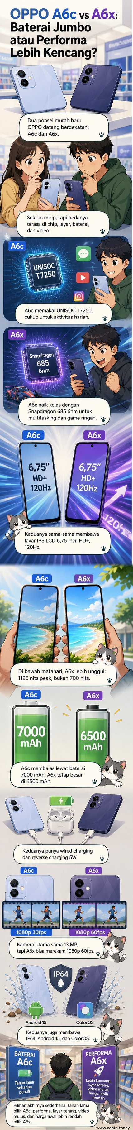 Ilustrasi dua ponsel OPPO A6c dan A6x berdampingan dengan spesifikasi utama terpampang: kapasitas baterai, chipset, dan kecerahan layar.
