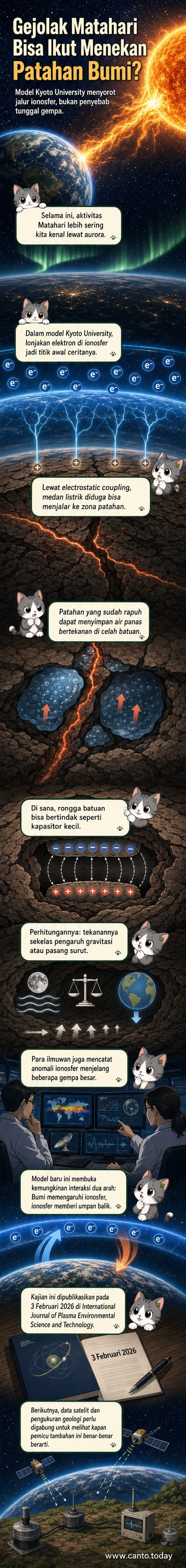 Ilustrasi hubungan antara matahari, ionosfer Bumi, dan tekanan pada retakan kerak bumi yang bisa picu gempa