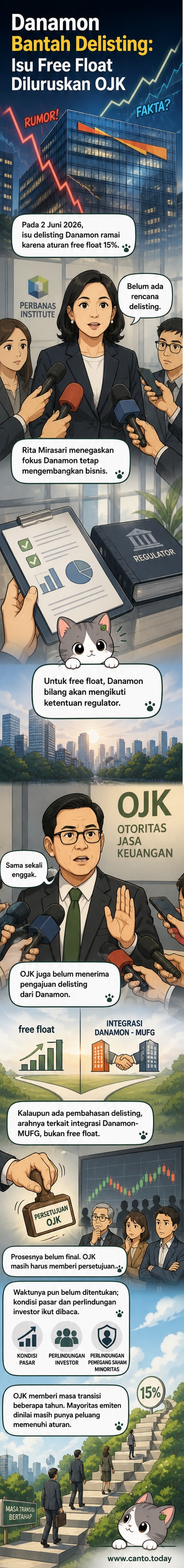 Ilustrasi dua pejabat dari Bank Danamon dan OJK membantah kabar delisting di depan papan informasi pasar modal.