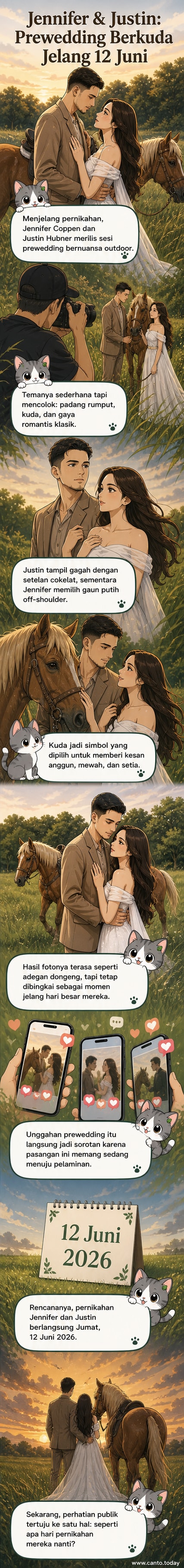 Jennifer Coppen dan Justin Hubner berpose romantis dengan kuda di padang rumput untuk sesi prewedding mereka, dengan latar langit biru dan rumput luas.