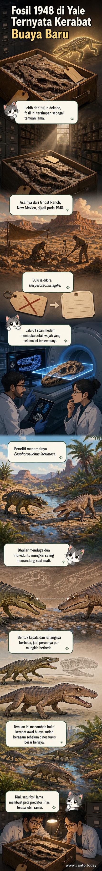Ilustrasi webtoon menunjukkan dua reptil purba berhadapan di lingkungan Trias akhir, dengan latar gurun dan langit merah, sementara fosilnya terpajang di rak museum dengan bayangan CT scan di latar belakang.