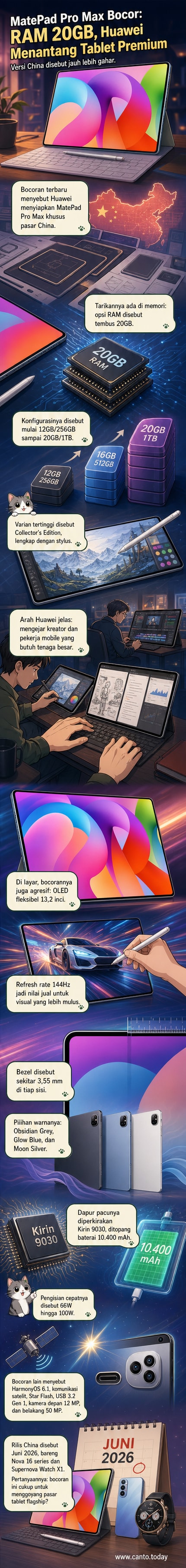 Ilustrasi tablet Huawei MatePad Pro Max dengan layar besar, bezel tipis, dan stylus terpasang, menampilkan spesifikasi RAM 20GB dan layar 144Hz.