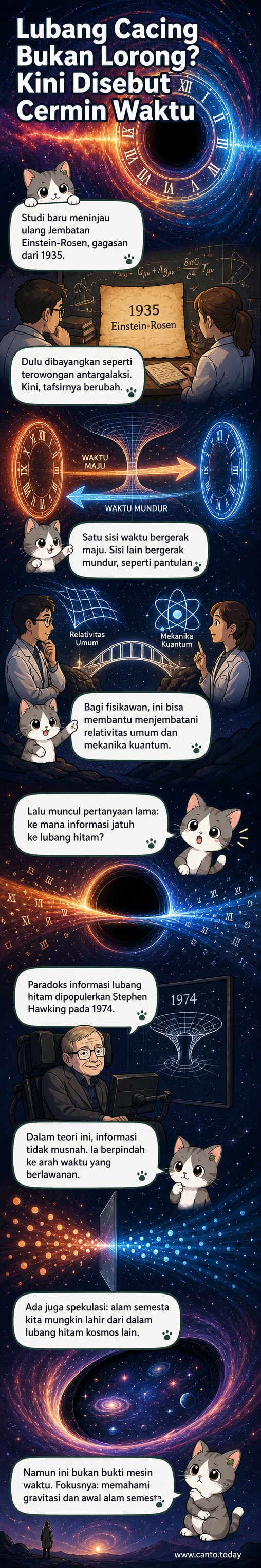 Ilustrasi lubang cacing yang digambarkan sebagai terowongan melengkung dengan dua arah waktu yang berlawanan, satu sisi waktu maju dan sisi lainnya mundur seperti pantulan cermin.