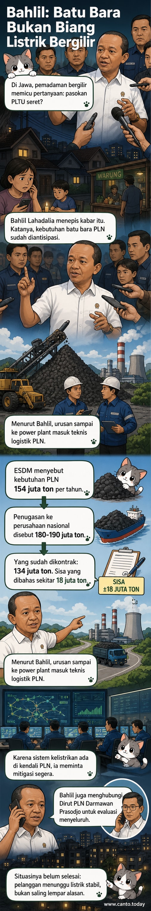 Ilustrasi menunjukkan truk batu bara di jalan raya dengan latar belakang menara listrik dan PLTU, sementara sebagian wilayah gelap karena listrik padam.