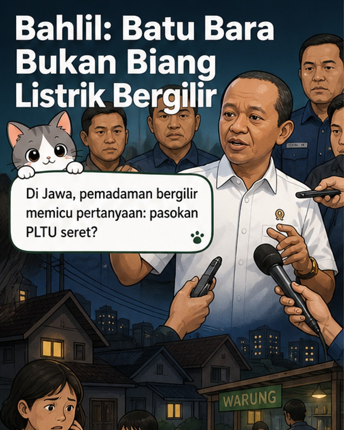 Ilustrasi menunjukkan truk batu bara di jalan raya dengan latar belakang menara listrik dan PLTU, sementara sebagian wilayah gelap karena listrik padam.