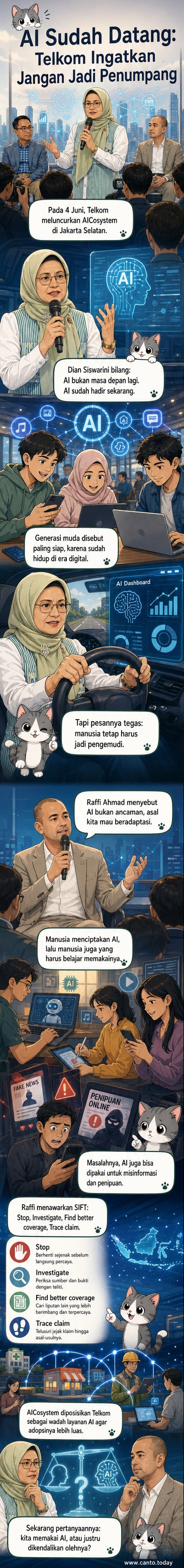 Ilustrasi panel webtoon: gedung Telkom Landmark Tower dengan logo AICosystem menyala, diikuti ilustrasi orang muda menggunakan perangkat dengan antarmuka AI, dan simbol kunci mengendalikan robot.
