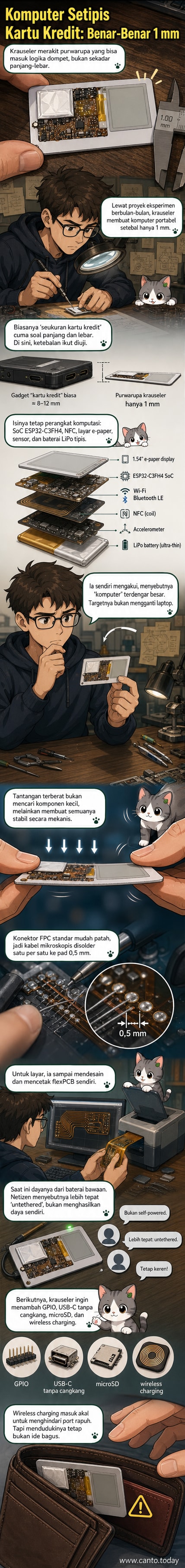 Ilustrasi komputer setipis kartu kredit dengan komponen elektronik mini di atas permukaan datar, tampak samping menunjukkan ketebalan ekstrem