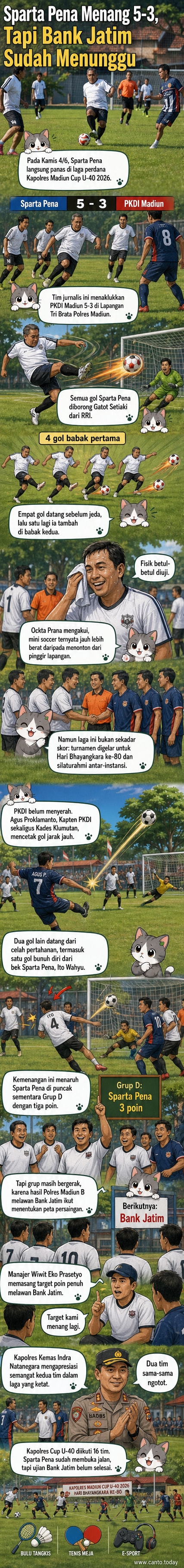 Pemain Sparta Pena merayakan kemenangan 5-3 atas PKDI di lapangan Tri Brata Polres Madiun dalam turnamen Kapolres Cup U-40.