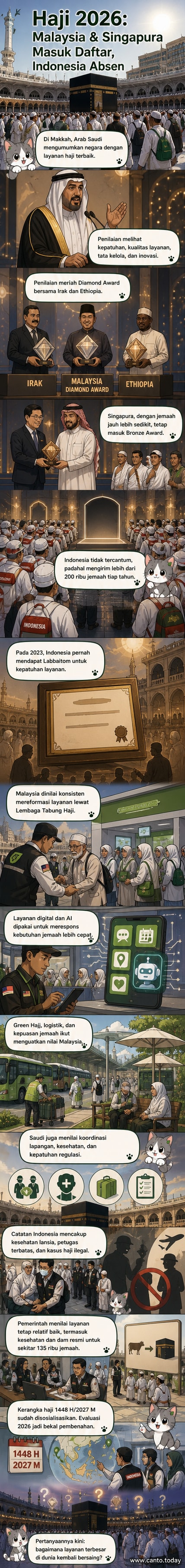Ilustrasi dua jamaah haji dari Malaysia dan Singapura menerima penghargaan di Mekah, sementara jamaah Indonesia berdiri di luar keramaian dengan ekspresi reflektif.