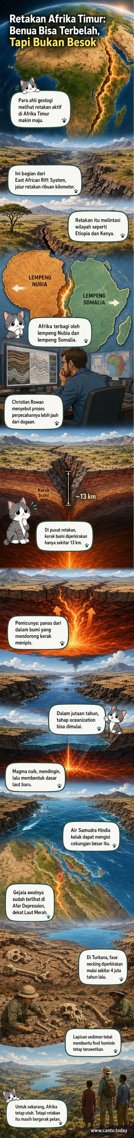 Ilustrasi retakan besar yang membelah benua Afrika, menunjukkan pemisahan lempeng Nubia dan Somalia dengan magma yang naik dari bawah permukaan.