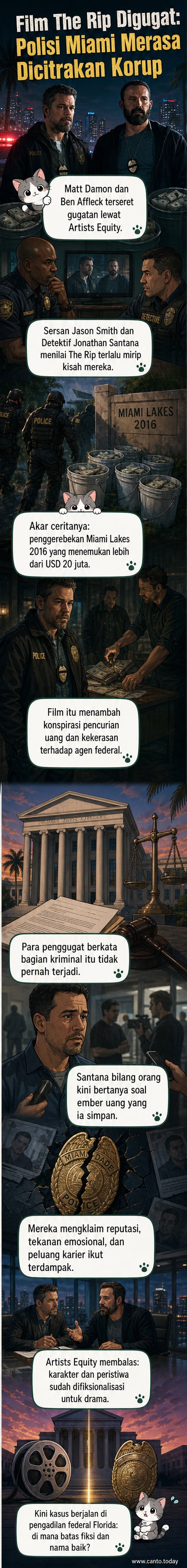 Ilustrasi dua aktor terkenal berdiri di depan gedung pengadilan, dengan bayangan karakter polisi berseragam di belakang mereka, menunjukkan ketegangan antara dunia film dan realitas hukum.