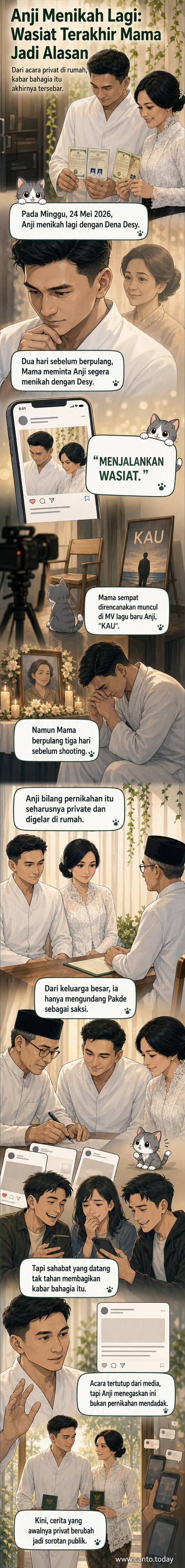 Ilustrasi Anji dan Dena Desy berdiri di pelaminan sederhana di rumah, dengan latar foto almarhumah ibu Anji.