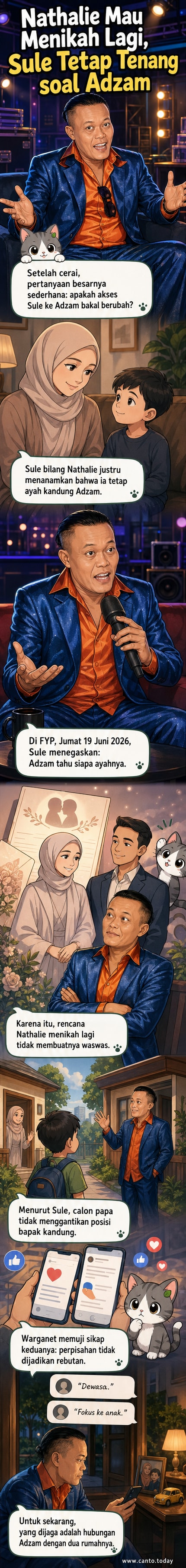 Ilustrasi Sule tersenyum, dengan latar belakang rumah dan gambar anak kecil yang memegang gambar ayah, simbol hubungan ayah-anak yang tetap erat meski orangtua bercerai.