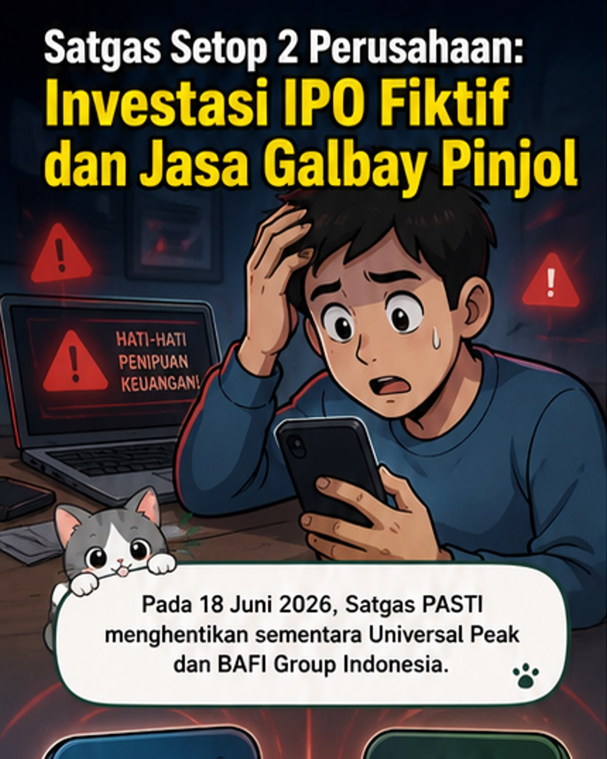 Ilustrasi dua perusahaan fintech ilegal yang dihentikan operasionalnya oleh Satgas PASTI karena dugaan penipuan investasi dan jasa gagal bayar pinjol.