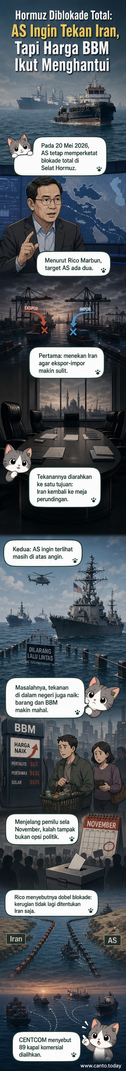 Kapal tunda Iran di depan kapal kargo yang berlabuh di Selat Hormuz, menunjukkan ketegangan maritim antara AS dan Iran.