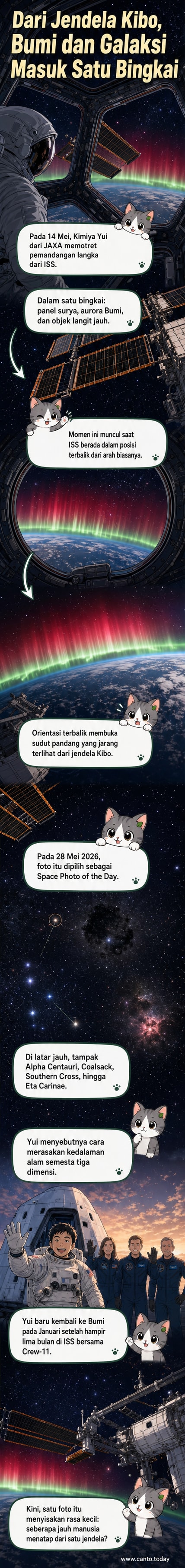 Foto dari luar angkasa menunjukkan panel surya ISS di depan, aurora Bumi di bawah, dan bintang-bintang jauh termasuk Alpha Centauri dan Nebula Coalsack di latar belakang.