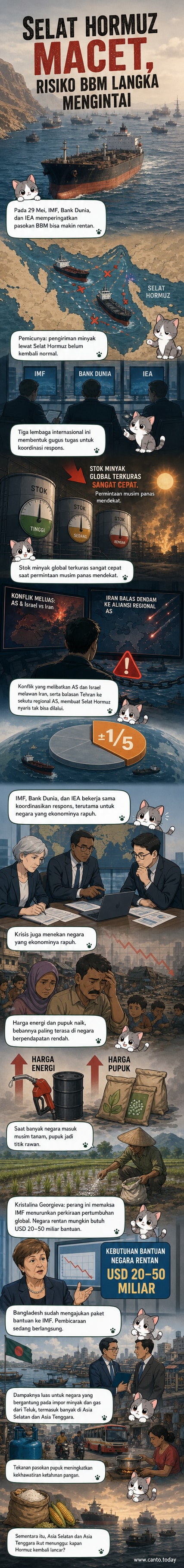 Ilustrasi kapal tanker di Selat Hormuz dengan latar belakang ketegangan geopolitik dan grafik harga energi yang naik
