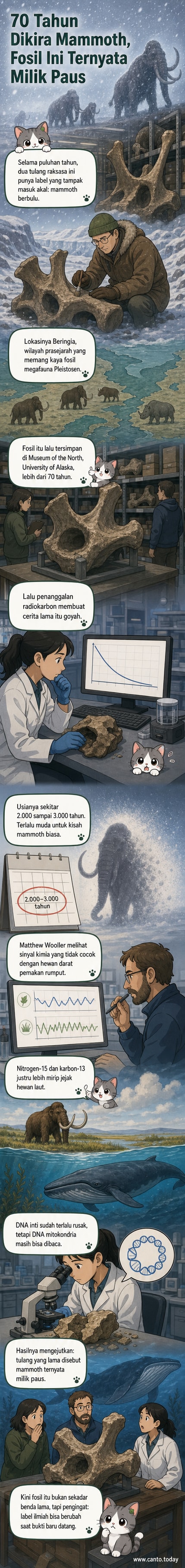 Ilustrasi dua tulang belakang besar di ruang museum, satu dianggap fosil mammoth selama puluhan tahun, kini terungkap sebagai fosil paus purba setelah analisis isotop dan DNA.